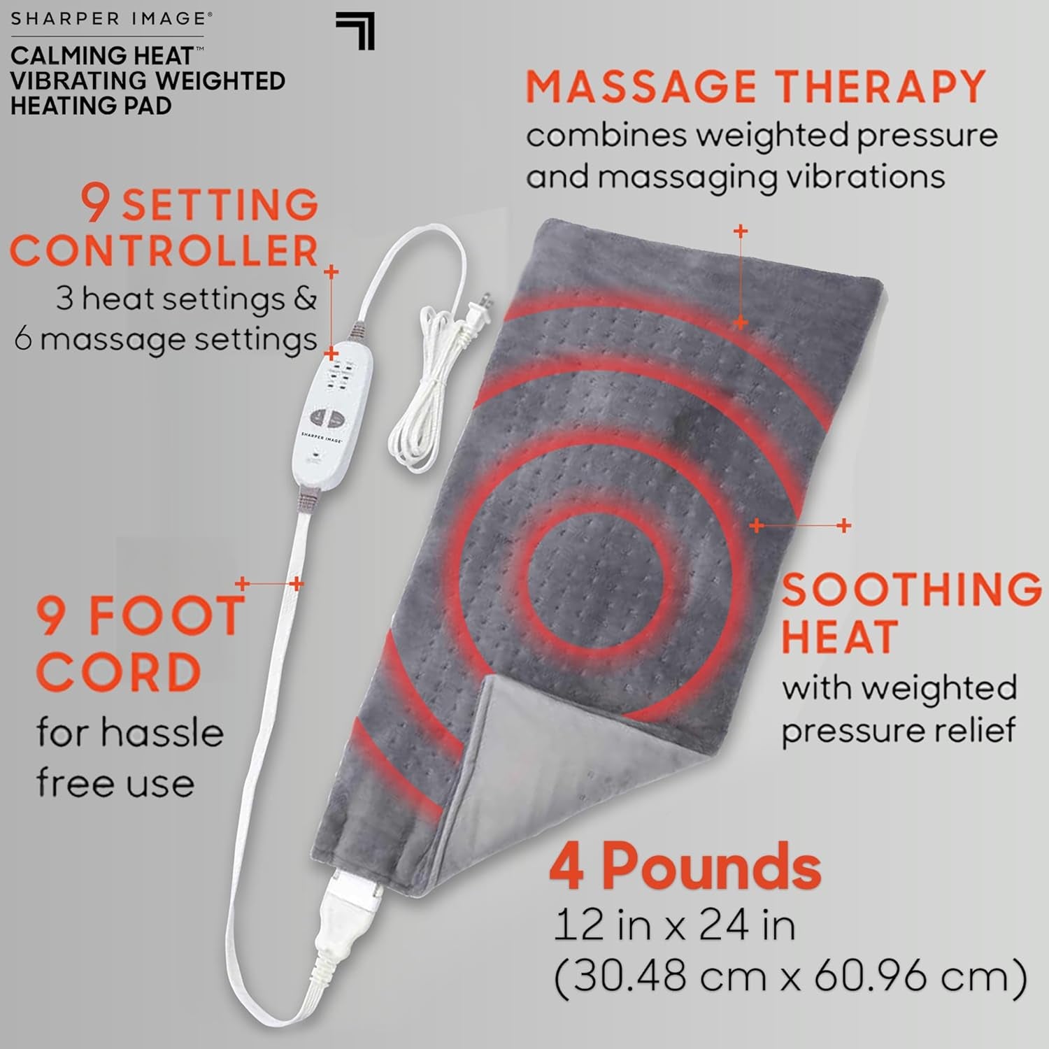 Calming Heat Massaging Weighted Heating Pad by Sharper Image- Weighted Electric Heating Pad with Massaging Vibrations, 6 Settings- 3 Heat, 3 Massage- 9 Relaxing Combinations, 12” X 24”, 4 Lbs